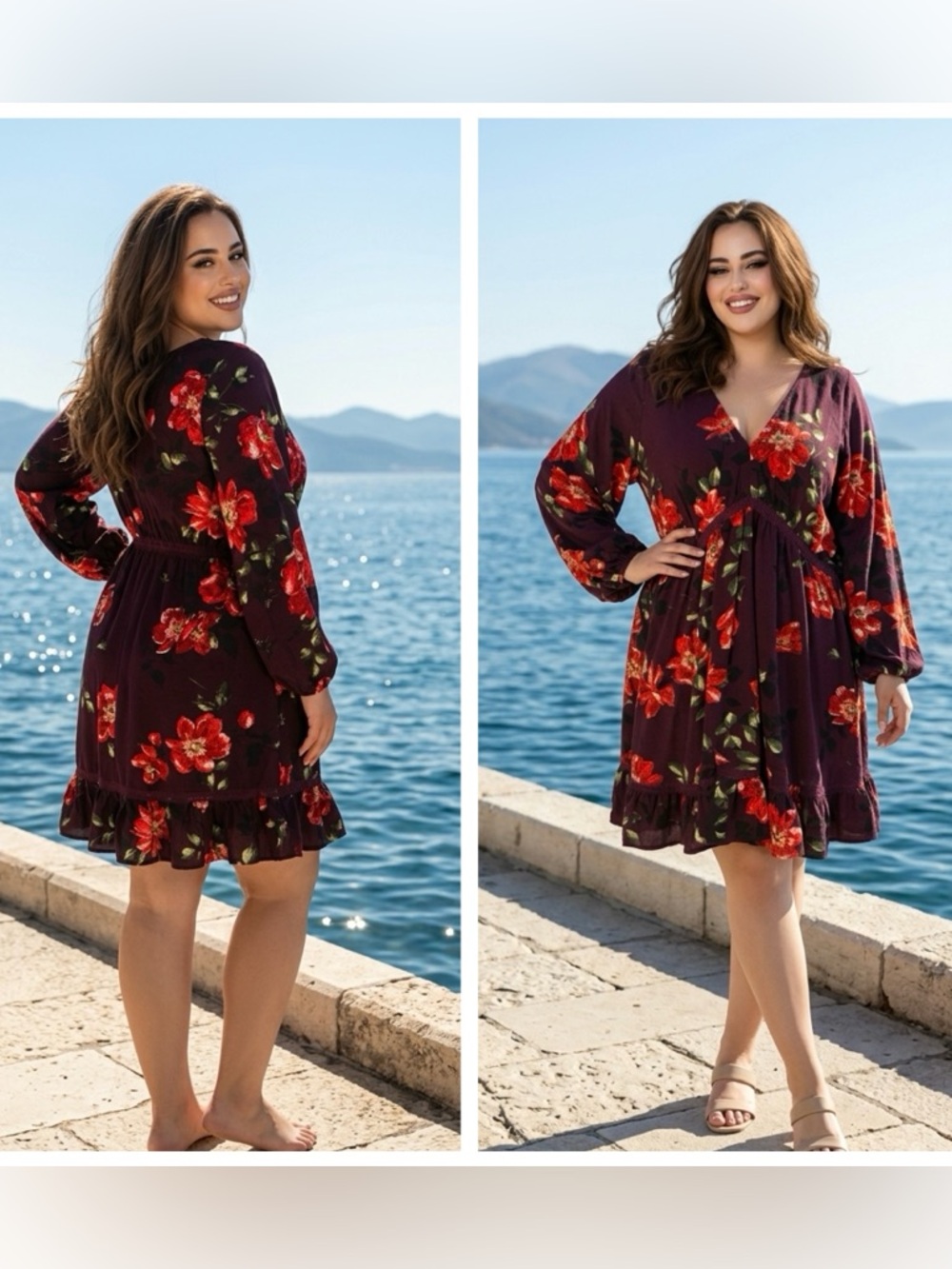 Umgee Women Sz L dolman balloon sleeve lace trim floral babydoll dress Plum